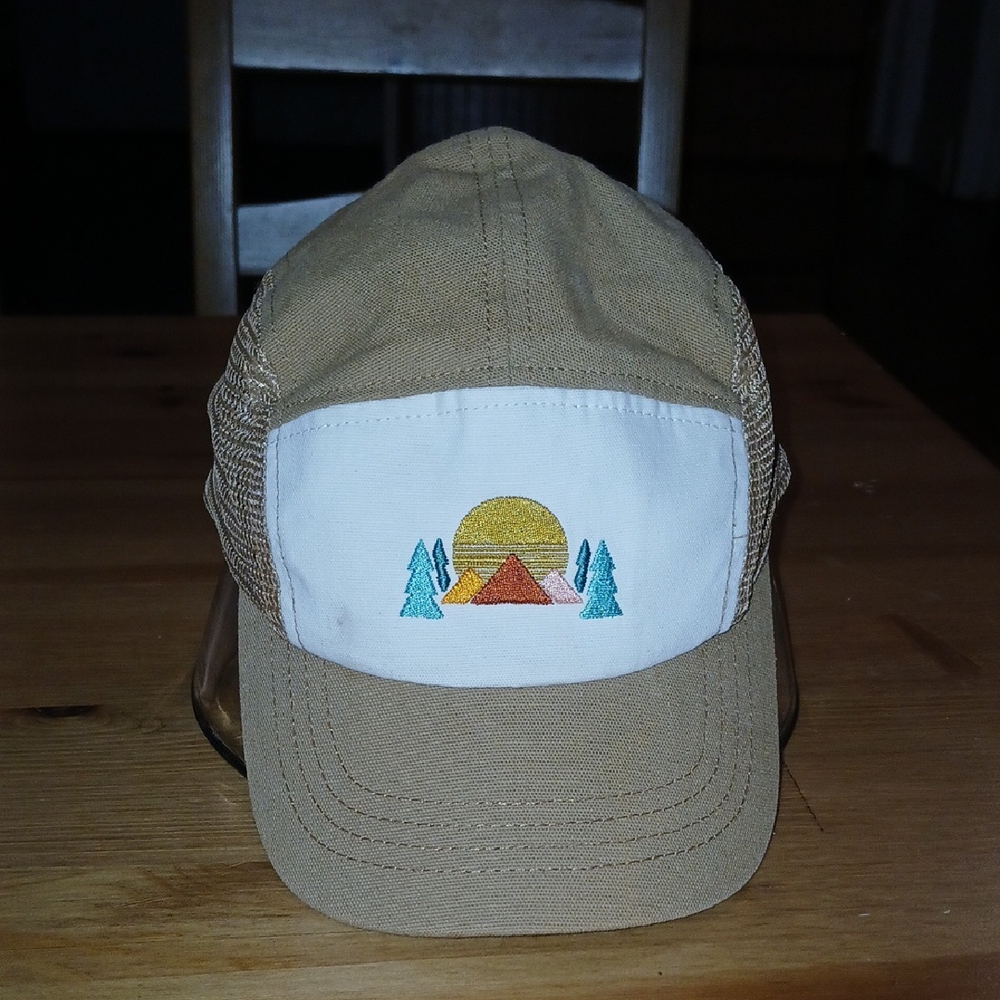 Tan and White Trucker Hat with Mountain Embroidery